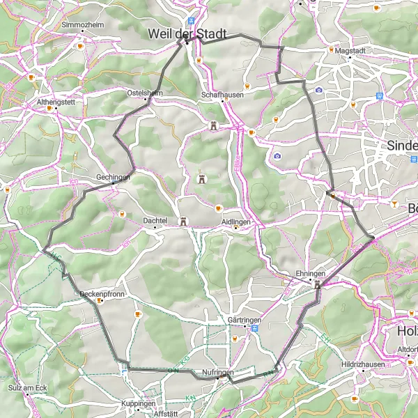 Karten-Miniaturansicht der Radinspiration "Weil der Stadt nach Mittelberg" in Stuttgart, Germany. Erstellt vom Tarmacs.app-Routenplaner für Radtouren