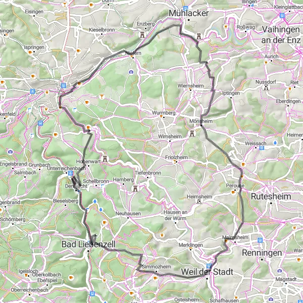 Karten-Miniaturansicht der Radinspiration "Herausfordernde Straßentour ab Weil der Stadt" in Stuttgart, Germany. Erstellt vom Tarmacs.app-Routenplaner für Radtouren