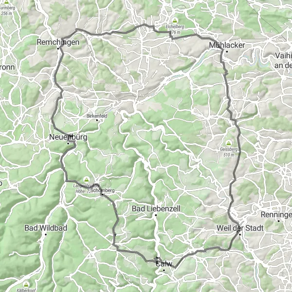 Karten-Miniaturansicht der Radinspiration "Althengstett zum Schloss Bauschlott" in Stuttgart, Germany. Erstellt vom Tarmacs.app-Routenplaner für Radtouren