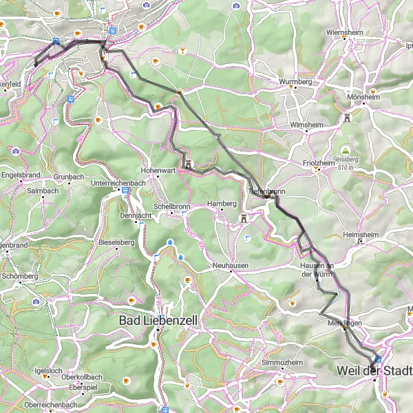 Karten-Miniaturansicht der Radinspiration "Tiefenbronn und Burgruine Liebeneck Rundkurs" in Stuttgart, Germany. Erstellt vom Tarmacs.app-Routenplaner für Radtouren