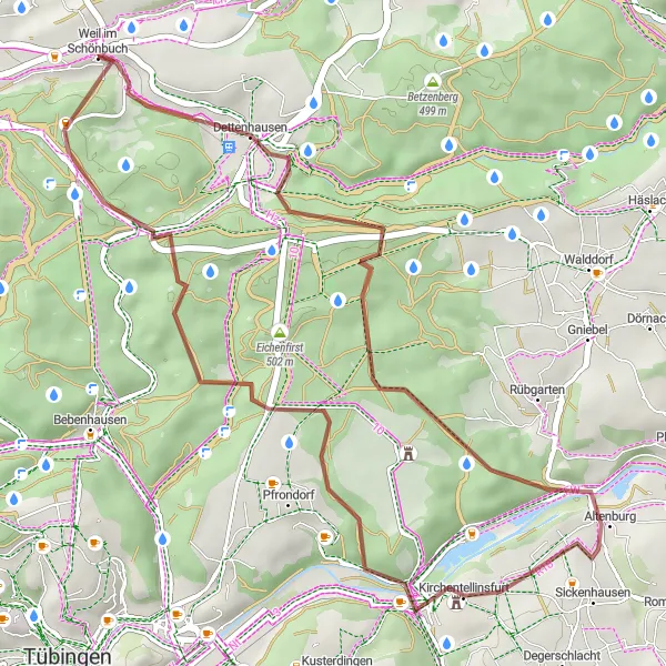 Map miniature of "Dettenhausen Gravel Adventure" cycling inspiration in Stuttgart, Germany. Generated by Tarmacs.app cycling route planner