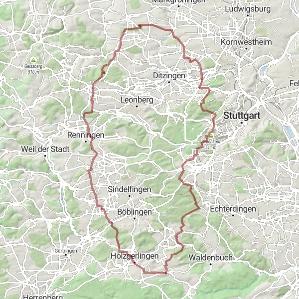 Karten-Miniaturansicht der Radinspiration "Herausfordernde Rennstrecke um Botnang" in Stuttgart, Germany. Erstellt vom Tarmacs.app-Routenplaner für Radtouren