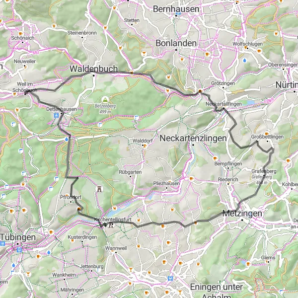 Map miniature of "Waldenbuch Castle Ride" cycling inspiration in Stuttgart, Germany. Generated by Tarmacs.app cycling route planner