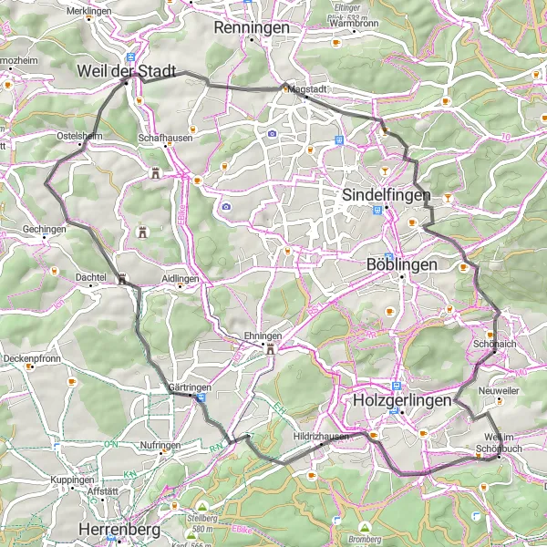 Karten-Miniaturansicht der Radinspiration "Radtour durch Deufringen und Magstadt" in Stuttgart, Germany. Erstellt vom Tarmacs.app-Routenplaner für Radtouren
