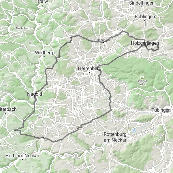 Karten-Miniaturansicht der Radinspiration "Herausfordernde Tour nach Holzgerlingen" in Stuttgart, Germany. Erstellt vom Tarmacs.app-Routenplaner für Radtouren