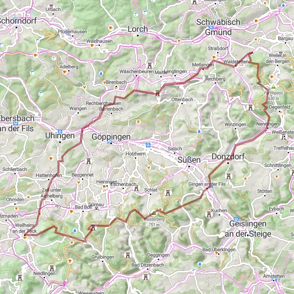 Map miniature of "Gravel Route Weilheim to Hohenstaufen" cycling inspiration in Stuttgart, Germany. Generated by Tarmacs.app cycling route planner