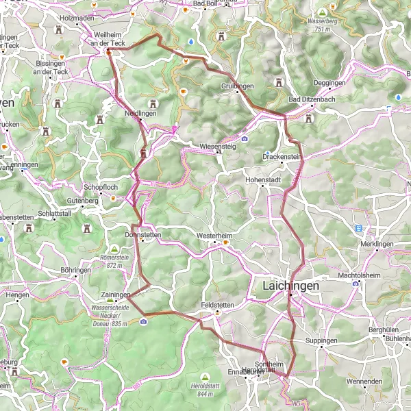 Map miniature of "Boßler and Neidlingen Gravel Loop" cycling inspiration in Stuttgart, Germany. Generated by Tarmacs.app cycling route planner