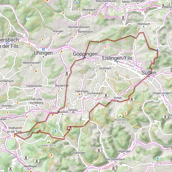 Map miniature of "Reutenberg and Bad Boll Gravel Loop" cycling inspiration in Stuttgart, Germany. Generated by Tarmacs.app cycling route planner