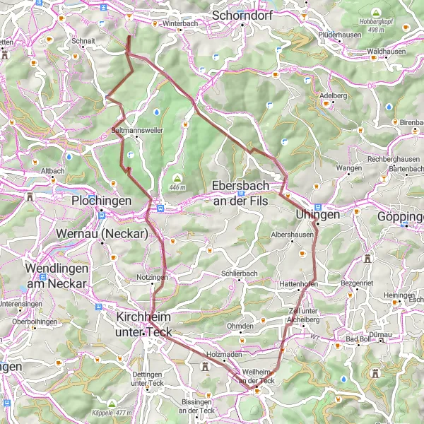Map miniature of "Egelsberg and Reichenbach Gravel Loop" cycling inspiration in Stuttgart, Germany. Generated by Tarmacs.app cycling route planner