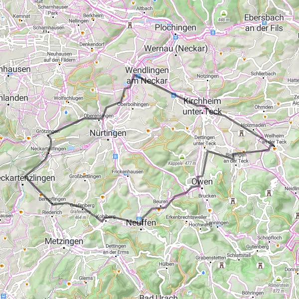 Map miniature of "Scenic Road Loop from Weilheim" cycling inspiration in Stuttgart, Germany. Generated by Tarmacs.app cycling route planner
