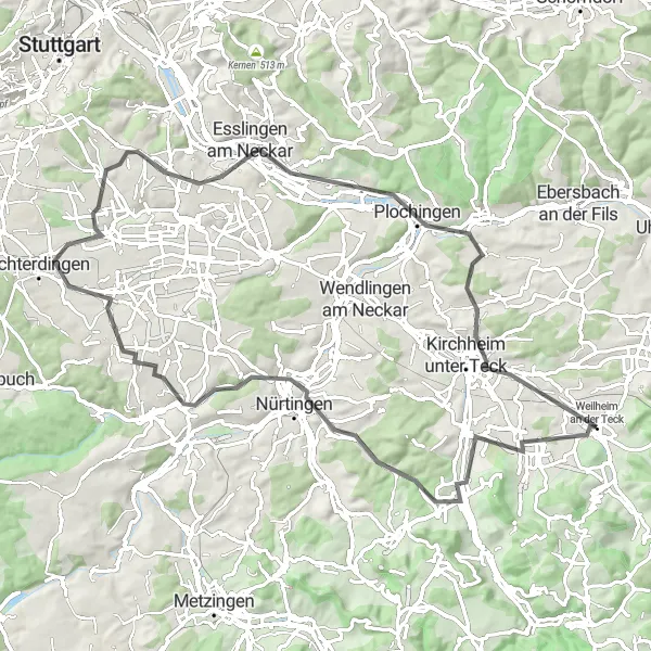 Map miniature of "The Teck Climber" cycling inspiration in Stuttgart, Germany. Generated by Tarmacs.app cycling route planner