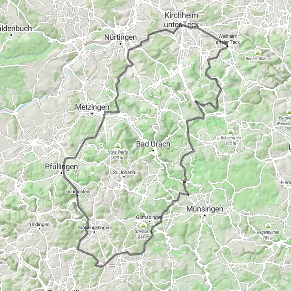 Karten-Miniaturansicht der Radinspiration "Panorama-Roadbike-Tour durch Weilheim und Umgebung" in Stuttgart, Germany. Erstellt vom Tarmacs.app-Routenplaner für Radtouren