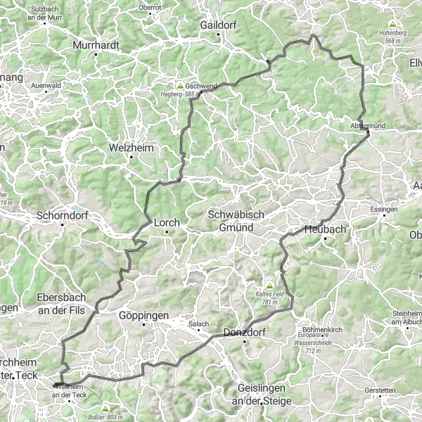 Map miniature of "The Swabian Hills Adventure" cycling inspiration in Stuttgart, Germany. Generated by Tarmacs.app cycling route planner