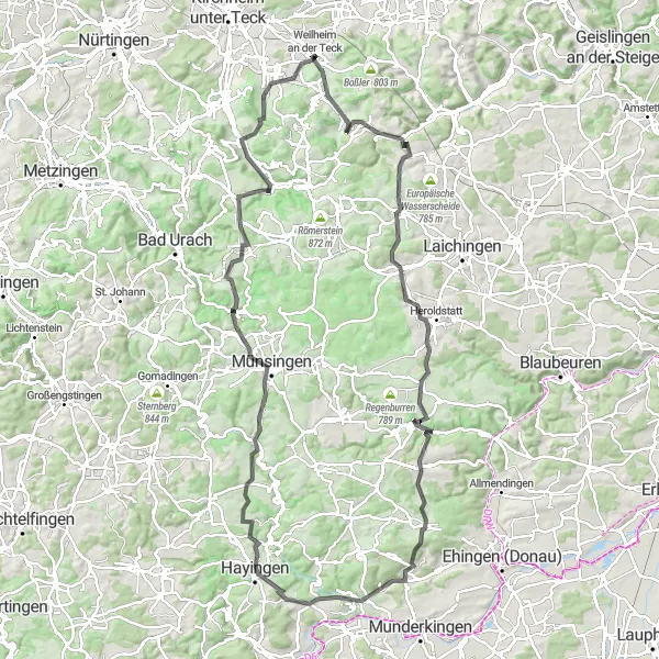 Karten-Miniaturansicht der Radinspiration "Roadbike-Tour durch die Täler und Hügel der Schwäbischen Alb" in Stuttgart, Germany. Erstellt vom Tarmacs.app-Routenplaner für Radtouren