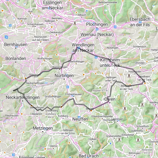 Karten-Miniaturansicht der Radinspiration "Hügeliges Roadbike-Abenteuer rund um Weilheim an der Teck" in Stuttgart, Germany. Erstellt vom Tarmacs.app-Routenplaner für Radtouren