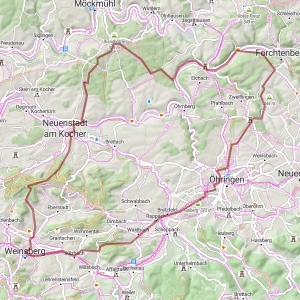 Map miniature of "Neuenstadt am Kocher Gravel Adventure" cycling inspiration in Stuttgart, Germany. Generated by Tarmacs.app cycling route planner