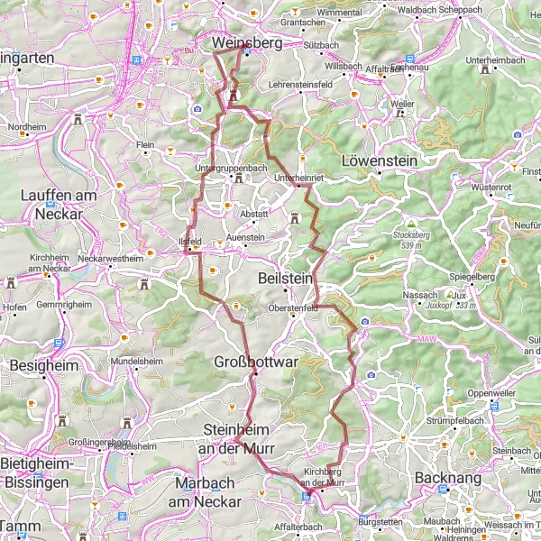 Map miniature of "Exploring the Gravel Trails" cycling inspiration in Stuttgart, Germany. Generated by Tarmacs.app cycling route planner