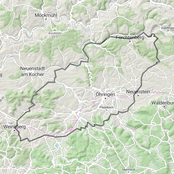 Map miniature of "Weinsberg-Hohenlohe Loop" cycling inspiration in Stuttgart, Germany. Generated by Tarmacs.app cycling route planner