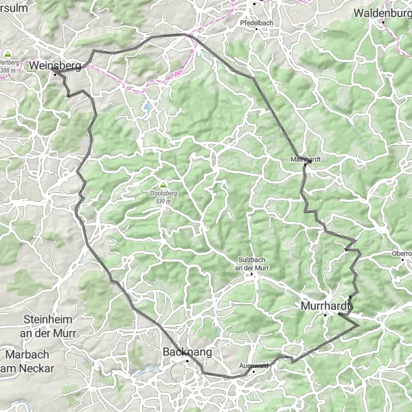 Karten-Miniaturansicht der Radinspiration "Rund um Backnang und Wartkopf" in Stuttgart, Germany. Erstellt vom Tarmacs.app-Routenplaner für Radtouren