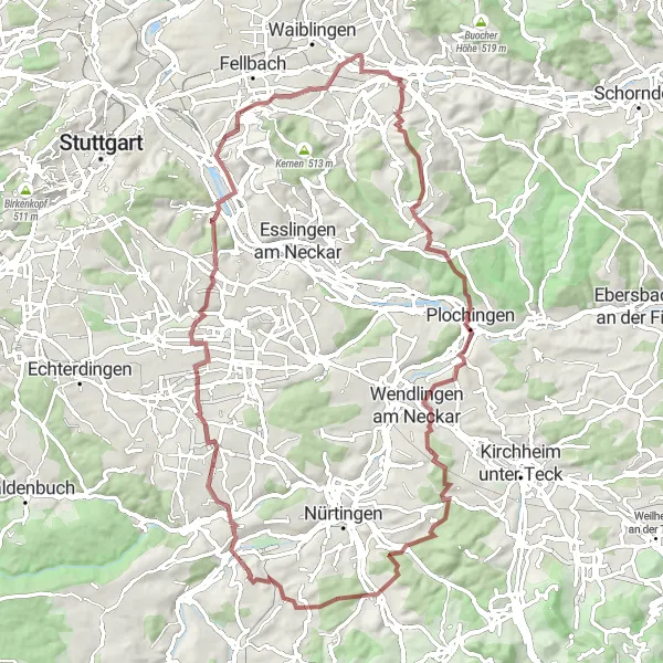 Karten-Miniaturansicht der Radinspiration "Gravel-Abenteuer durch Plochingen und Ruit" in Stuttgart, Germany. Erstellt vom Tarmacs.app-Routenplaner für Radtouren