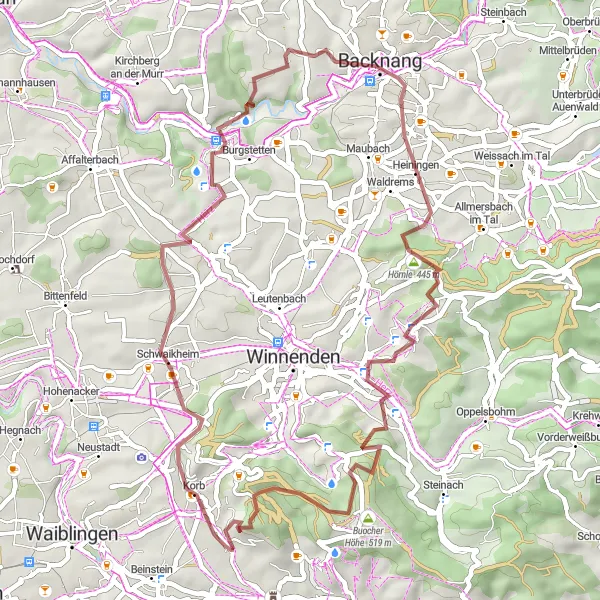 Karten-Miniaturansicht der Radinspiration "Gravel-Abenteuer durch Schwaikheim und Heiningen" in Stuttgart, Germany. Erstellt vom Tarmacs.app-Routenplaner für Radtouren