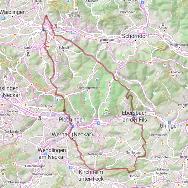 Map miniature of "The Gravel Adventure of Kappelberg" cycling inspiration in Stuttgart, Germany. Generated by Tarmacs.app cycling route planner
