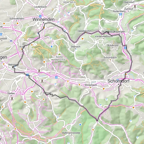 Map miniature of "Endersbach - Miedelsbach - Schnait Loop" cycling inspiration in Stuttgart, Germany. Generated by Tarmacs.app cycling route planner