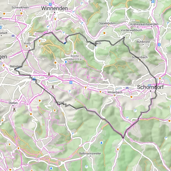 Karten-Miniaturansicht der Radinspiration "Rundfahrt durch die Weinberge von Weinstadt-Endersbach" in Stuttgart, Germany. Erstellt vom Tarmacs.app-Routenplaner für Radtouren