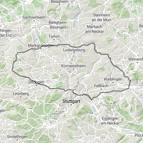 Map miniature of "The Rommelshausen Road Cycling Route" cycling inspiration in Stuttgart, Germany. Generated by Tarmacs.app cycling route planner
