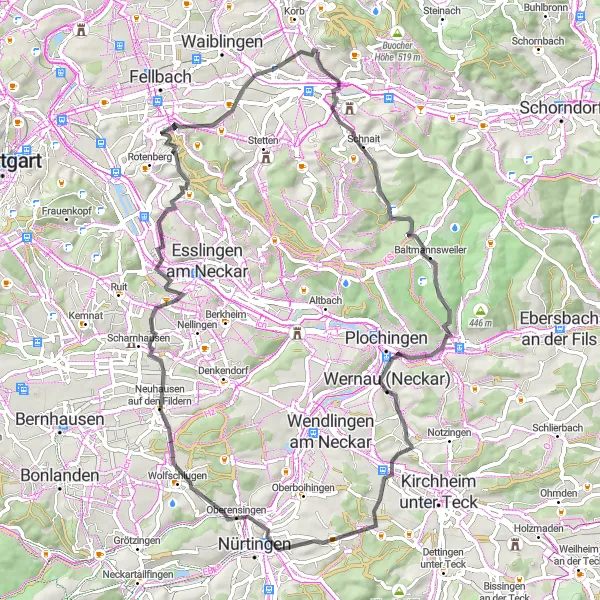 Map miniature of "The Hills of Baltmannsweiler" cycling inspiration in Stuttgart, Germany. Generated by Tarmacs.app cycling route planner
