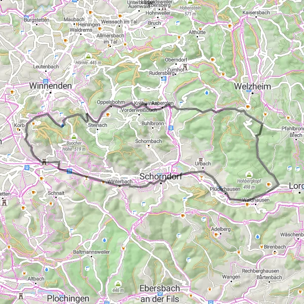 Karten-Miniaturansicht der Radinspiration "Rundtour über Breuningsweiler und Winterbach" in Stuttgart, Germany. Erstellt vom Tarmacs.app-Routenplaner für Radtouren