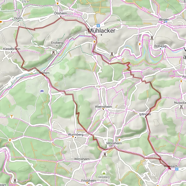 Map miniature of "From Weissach to Mönsheim and back" cycling inspiration in Stuttgart, Germany. Generated by Tarmacs.app cycling route planner
