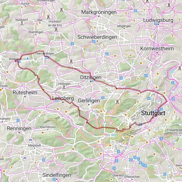 Map miniature of "The Hühnerberg Circular Gravel Trail" cycling inspiration in Stuttgart, Germany. Generated by Tarmacs.app cycling route planner
