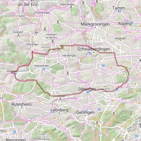 Map miniature of "Off the Beaten Path: Gravel Adventure" cycling inspiration in Stuttgart, Germany. Generated by Tarmacs.app cycling route planner