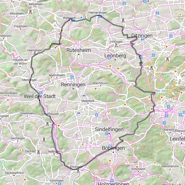 Map miniature of "The Road Adventure: Discover Weissach" cycling inspiration in Stuttgart, Germany. Generated by Tarmacs.app cycling route planner