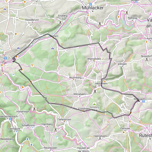 Map miniature of "Scenic Route to Eutingen" cycling inspiration in Stuttgart, Germany. Generated by Tarmacs.app cycling route planner