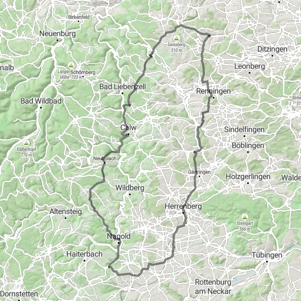 Map miniature of "Weissach and Surroundings" cycling inspiration in Stuttgart, Germany. Generated by Tarmacs.app cycling route planner