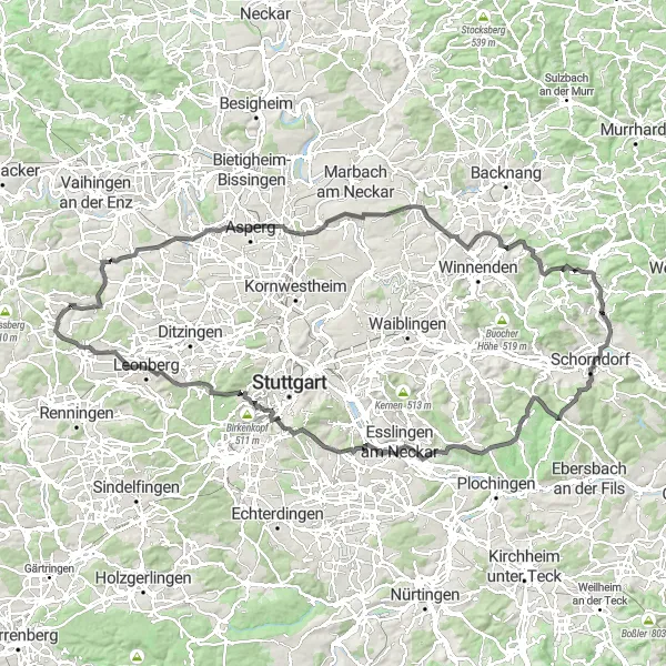 Map miniature of "Challenge in the Heartland" cycling inspiration in Stuttgart, Germany. Generated by Tarmacs.app cycling route planner