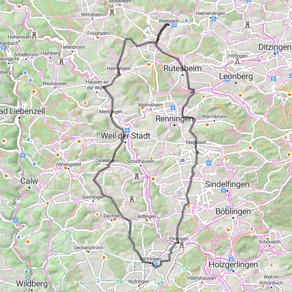 Map miniature of "The Road Explorer: Weissach and Beyond" cycling inspiration in Stuttgart, Germany. Generated by Tarmacs.app cycling route planner