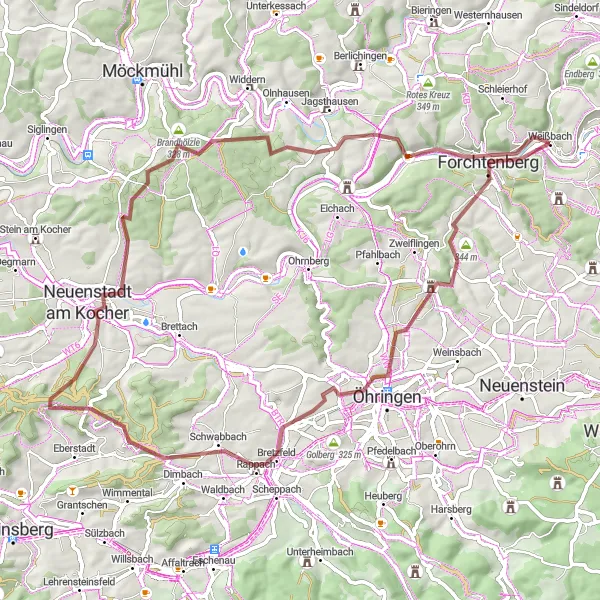 Map miniature of "Exploring Hohenlohe Gravel" cycling inspiration in Stuttgart, Germany. Generated by Tarmacs.app cycling route planner