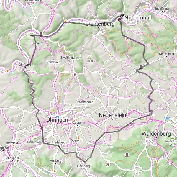 Karten-Miniaturansicht der Radinspiration "Weißbach zum Schloss Hermersberg und zurück" in Stuttgart, Germany. Erstellt vom Tarmacs.app-Routenplaner für Radtouren