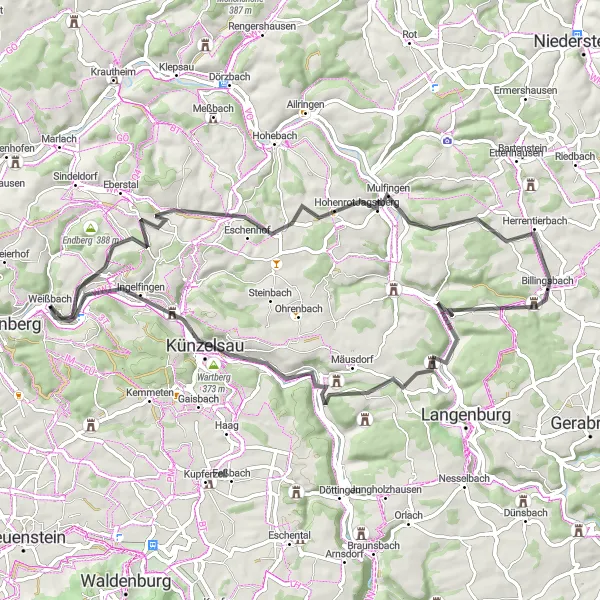 Karten-Miniaturansicht der Radinspiration "Weißbach Rundtour mit Aussichtshütte" in Stuttgart, Germany. Erstellt vom Tarmacs.app-Routenplaner für Radtouren