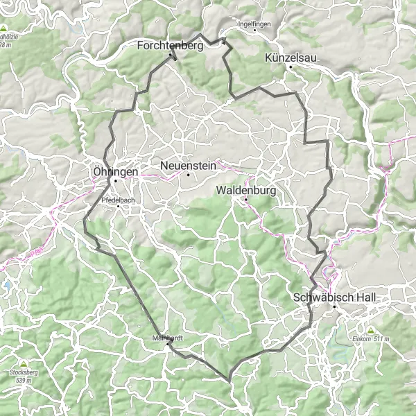 Map miniature of "Hohenlohe Adventure" cycling inspiration in Stuttgart, Germany. Generated by Tarmacs.app cycling route planner