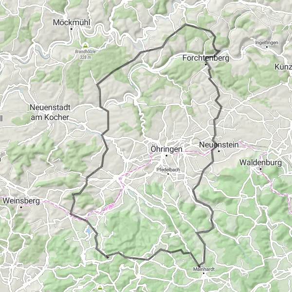 Karten-Miniaturansicht der Radinspiration "Weißbach Rundtour nach Forchtenberg" in Stuttgart, Germany. Erstellt vom Tarmacs.app-Routenplaner für Radtouren