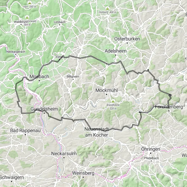 Karten-Miniaturansicht der Radinspiration "Weißbach zu Schloss Dallau und zurück" in Stuttgart, Germany. Erstellt vom Tarmacs.app-Routenplaner für Radtouren