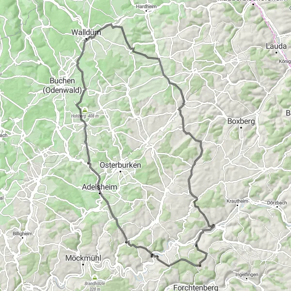 Karten-Miniaturansicht der Radinspiration "Die Hügelrunde um Weißbach" in Stuttgart, Germany. Erstellt vom Tarmacs.app-Routenplaner für Radtouren