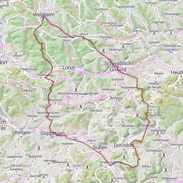 Map miniature of "The Gravel Adventure" cycling inspiration in Stuttgart, Germany. Generated by Tarmacs.app cycling route planner