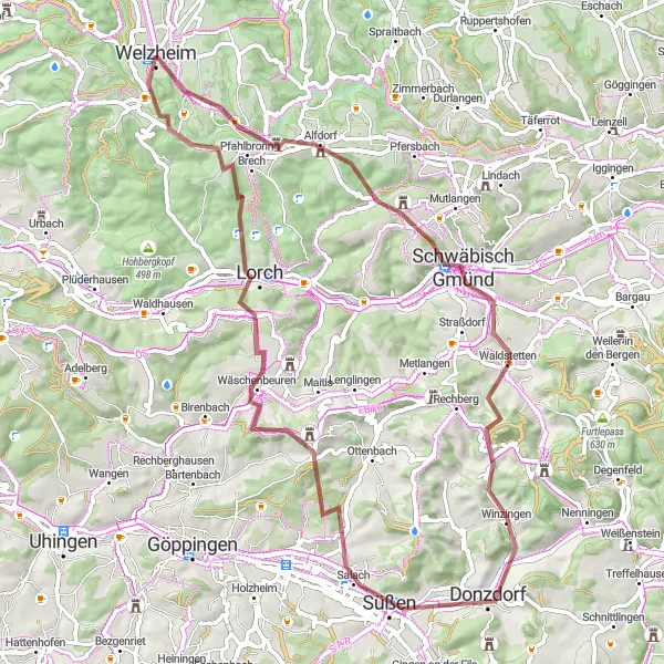 Map miniature of "Welzheim Gravel Adventure" cycling inspiration in Stuttgart, Germany. Generated by Tarmacs.app cycling route planner