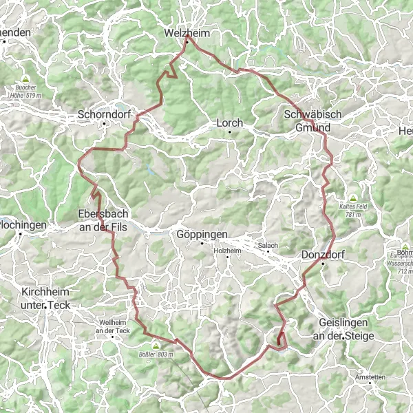 Map miniature of "The Ultimate Swabian Gravel Adventure" cycling inspiration in Stuttgart, Germany. Generated by Tarmacs.app cycling route planner