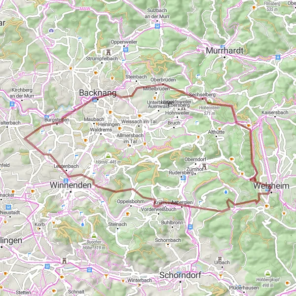 Map miniature of "Gravel Route from Welzheim to Ebnisee" cycling inspiration in Stuttgart, Germany. Generated by Tarmacs.app cycling route planner